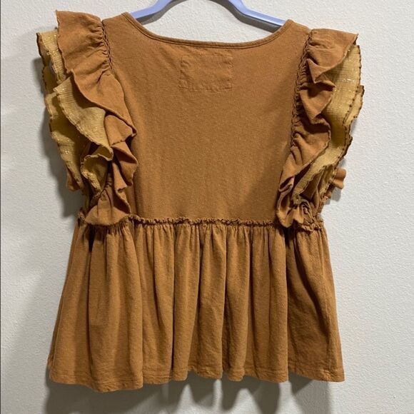 Anthropologie Golden Camel Linen Blend Ruffle Sleeve Babydoll Top | Size XS - Picture 5 of 12